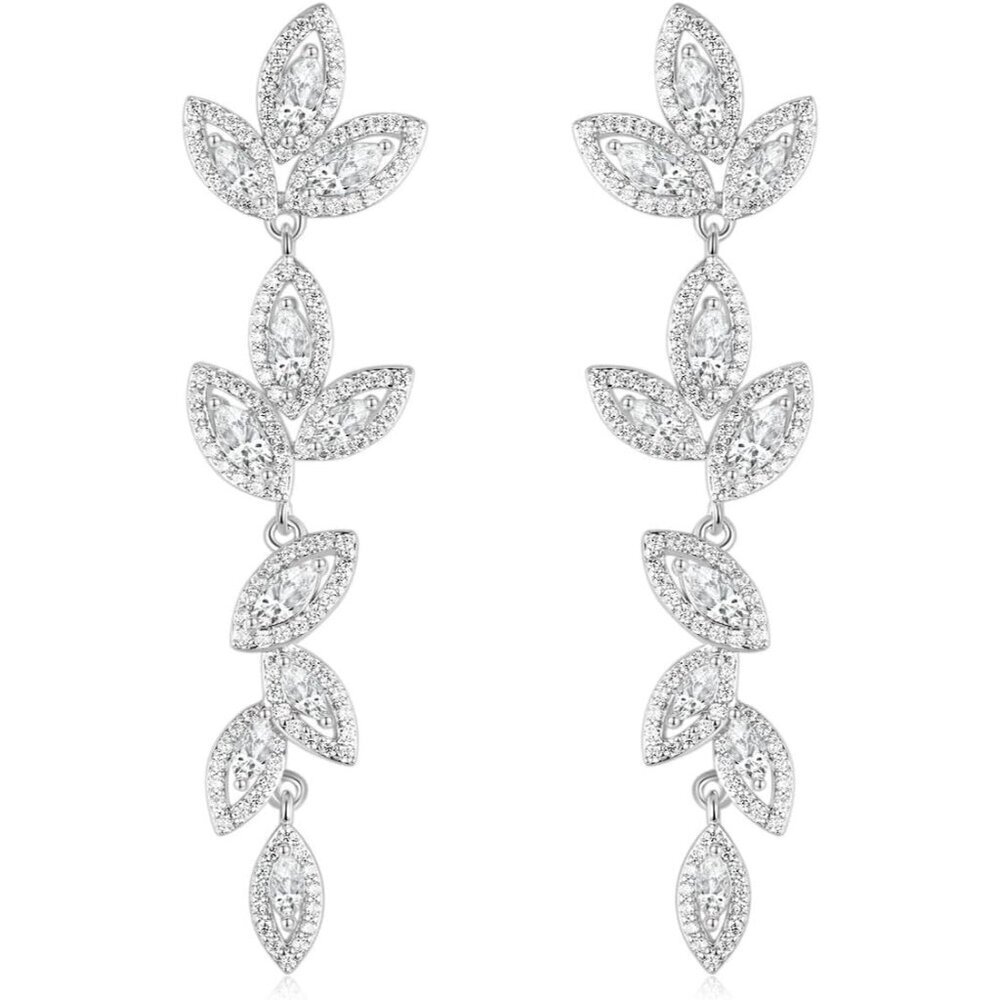 Silver Dangle Earrings Women Cubic Zirconia Marquise Bridal Wedding Jewelry
